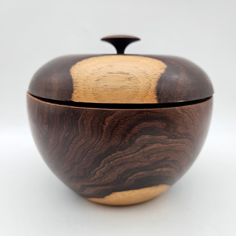 VTG MCM Wood Turned Apple Shaped Jar Box w/Lid 2 Tone Handmade USA 5.5" Tall